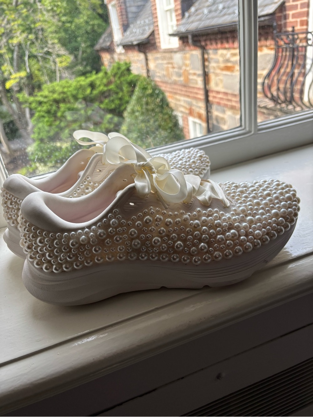 Hoka Pearl-Embellished Satin Lace Sneakers - Cream - Picture 2 of 13